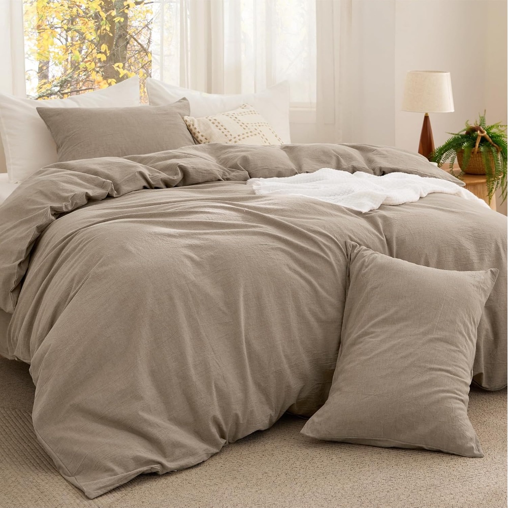 image:imageBedsure PureWoven Cotton Comforter Set Prewashed Queen Grayish Olive Green  Cotton Fabric Microfiber Inner Fill Soft Breathable Natural Wrinkle 1 Comforter90 X 90 2 Pillow Shams20x2607  Taupe