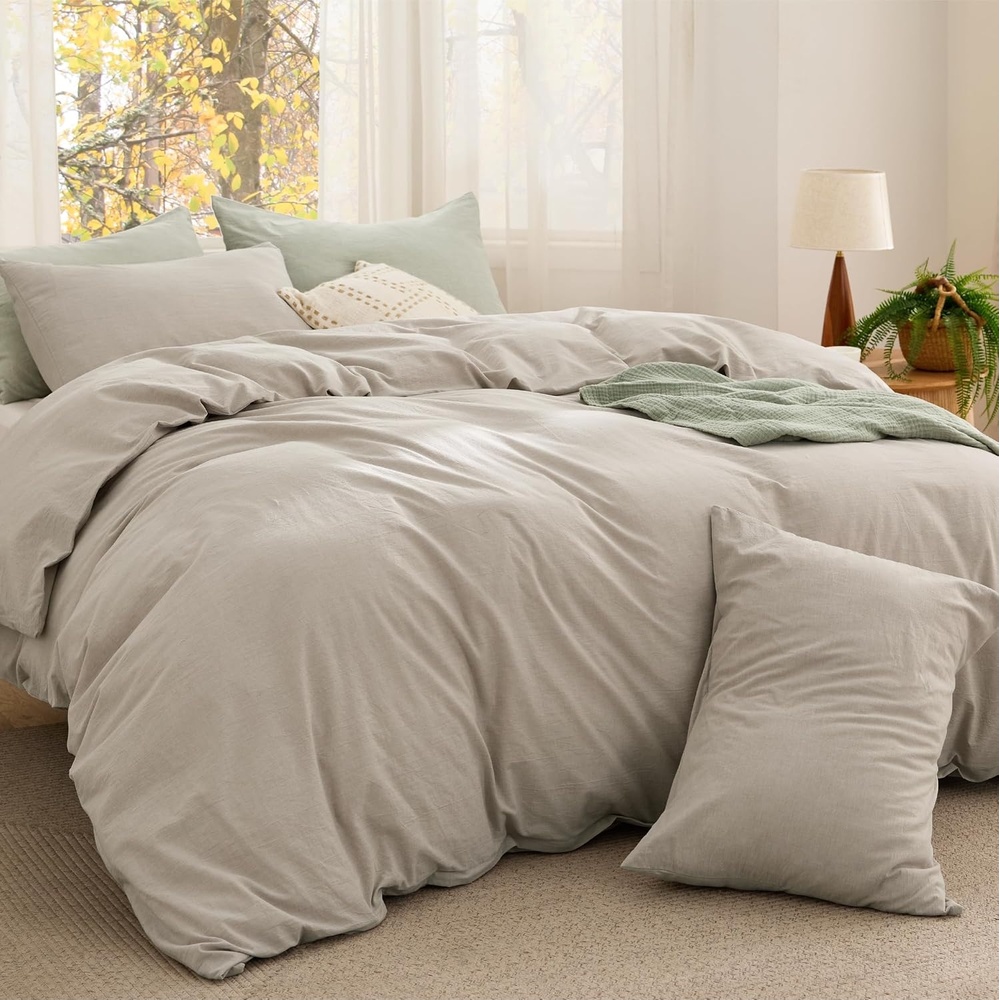 image:imageBedsure PureWoven Cotton Comforter Set Prewashed Queen Grayish Olive Green  Cotton Fabric Microfiber Inner Fill Soft Breathable Natural Wrinkle 1 Comforter90 X 90 2 Pillow Shams20x2605  Linen Color
