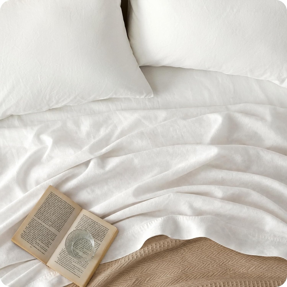 image:imageBedsure PureWoven Linen Sheets Queen Size Cotton Linen Blend Sheets 4PCS  BV amp OekoTex Certified AllSeason Breathable for Hot Sleepers AntiPilling amp Tearproof 16 Deep Pocket Linen Beige02  Pure White