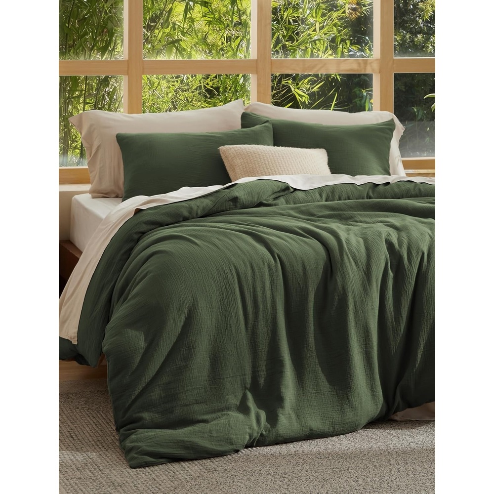 image:imageBedsure PureWoven Muslin Duvet Cover Cooling Bedding Set for Hot Sleepers Cotton Blend Viscose Derived from Bamboo Lightweight amp Silky Soft Breathable AllSeason Linen07 Muslin Olive Green No Comforter