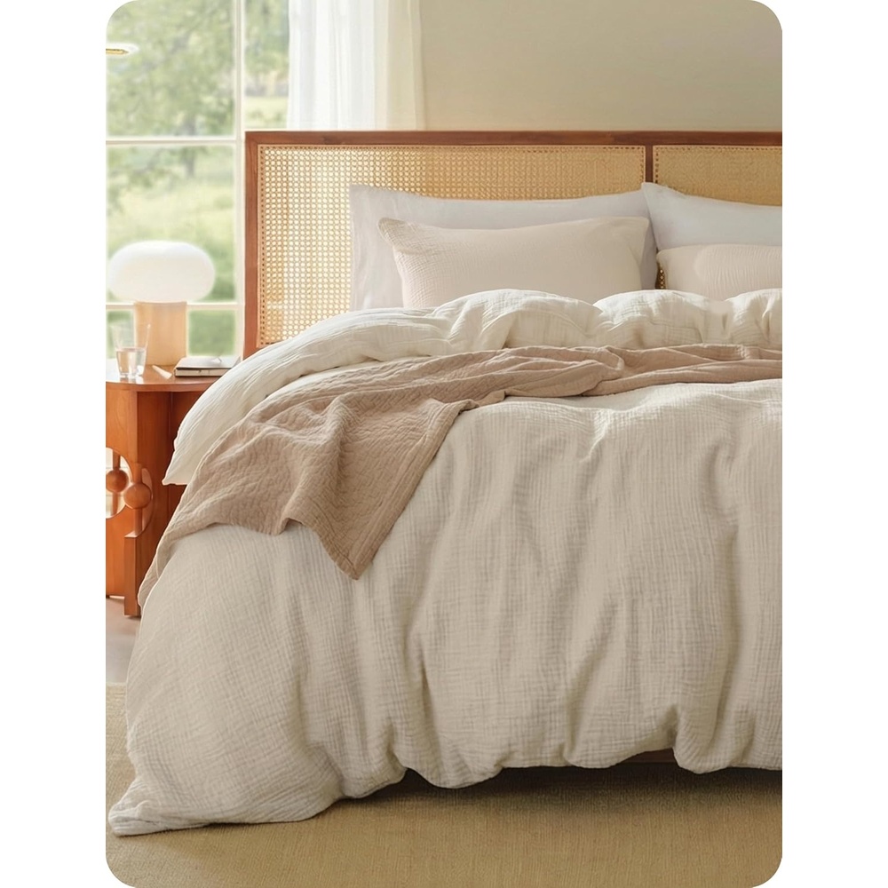 image:imageBedsure PureWoven Muslin Duvet Cover Cooling Bedding Set for Hot Sleepers Cotton Blend Viscose Derived from Bamboo Lightweight amp Silky Soft Breathable AllSeason Linen01 3layer Gauze Linen No Comforter