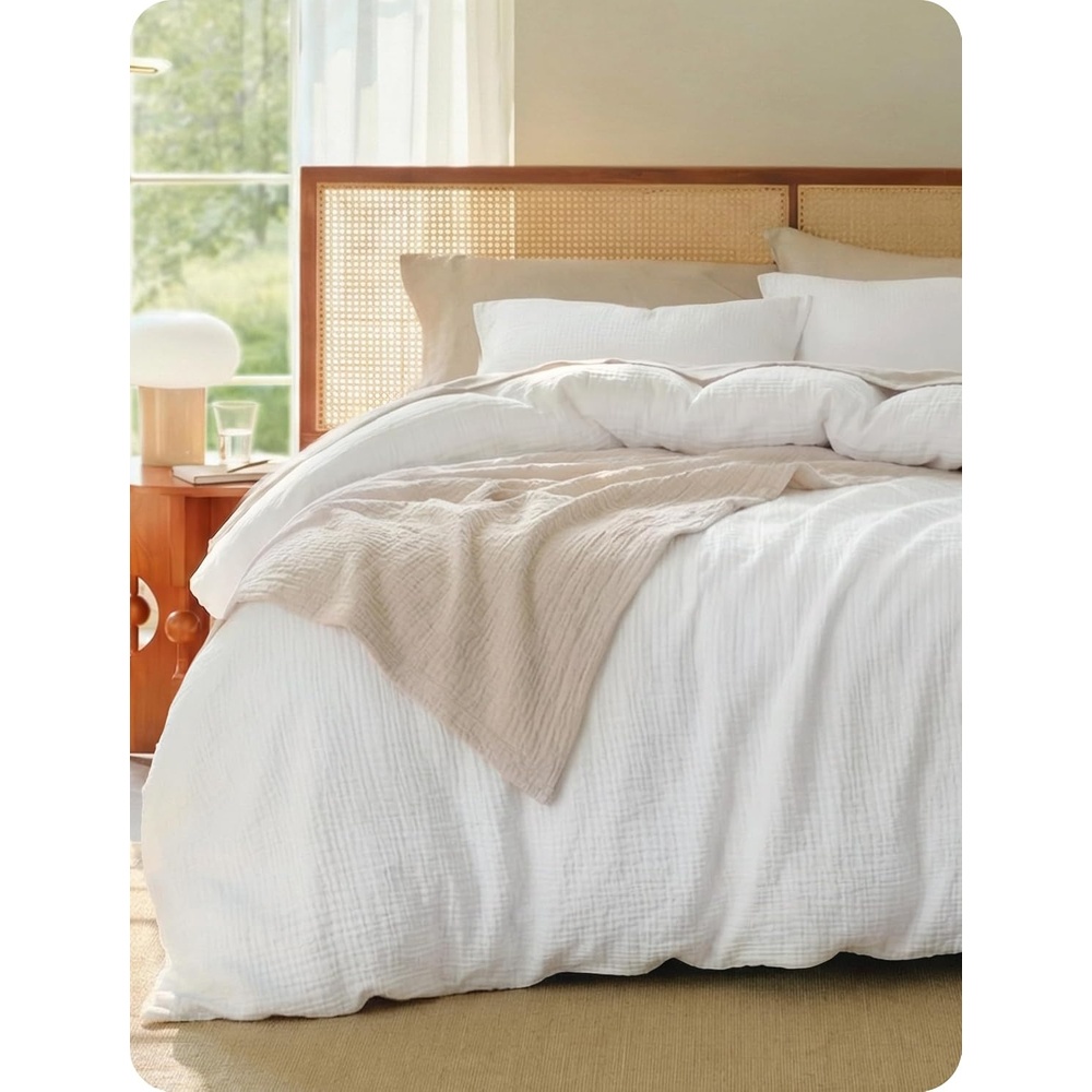 image:imageBedsure PureWoven Muslin Duvet Cover Cooling Bedding Set for Hot Sleepers Cotton Blend Viscose Derived from Bamboo Lightweight amp Silky Soft Breathable AllSeason Linen02 3layer Gauze Bright White No Comforter