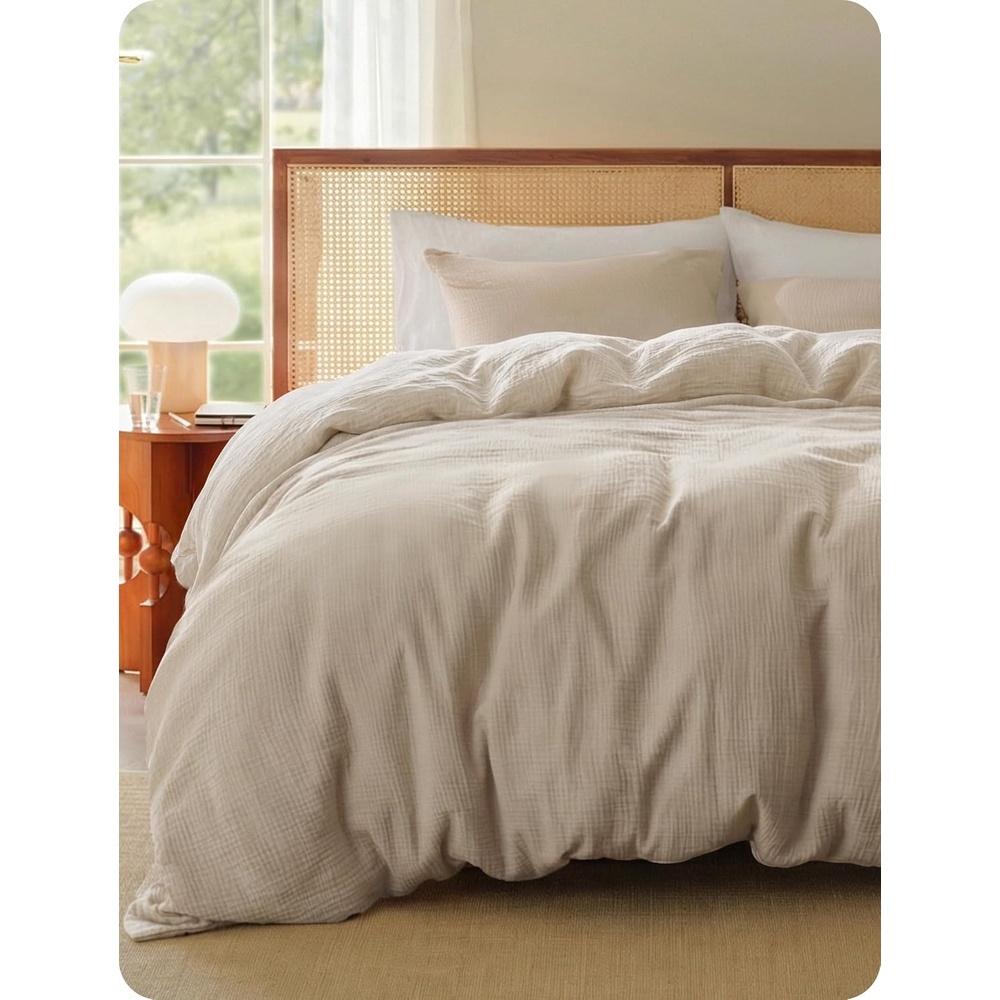 image:imageBedsure PureWoven Muslin Duvet Cover Cooling Bedding Set for Hot Sleepers Cotton Blend Viscose Derived from Bamboo Lightweight amp Silky Soft Breathable AllSeason Linen04 3layer Gauze Light Brown No Comforter