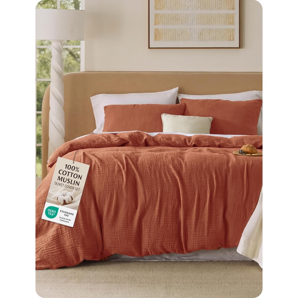image:imageBedsure PureWoven Muslin Duvet Cover Cooling Bedding Set for Hot Sleepers  Cotton Blend Viscose Derived from Bamboo Lightweight amp Silky Soft Breathable AllSeason Linen00  Muslin Terracotta No Comforter