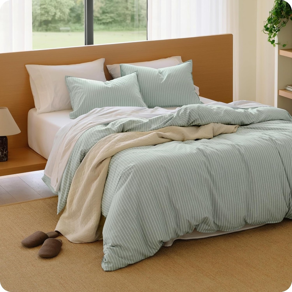 image:imageBedsure PureWoven Striped Duvet Cover Set LinenLike Queen Size 3PC  100 Washed Cotton Percale Bedding Set Reversible YarnDyed Design Zipper Closure Stripes  White 90 x 9005  Stripes  Sage Green