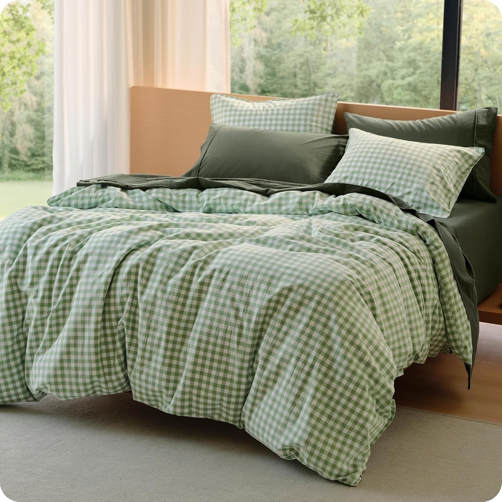 image:imageBedsure PureWoven Striped Duvet Cover Set LinenLike Queen Size 3PC 100 Washed Cotton Percale Bedding Set Reversible YarnDyed Design Zipper Closure Stripes White 90 x 9010 Gingham Willow Green