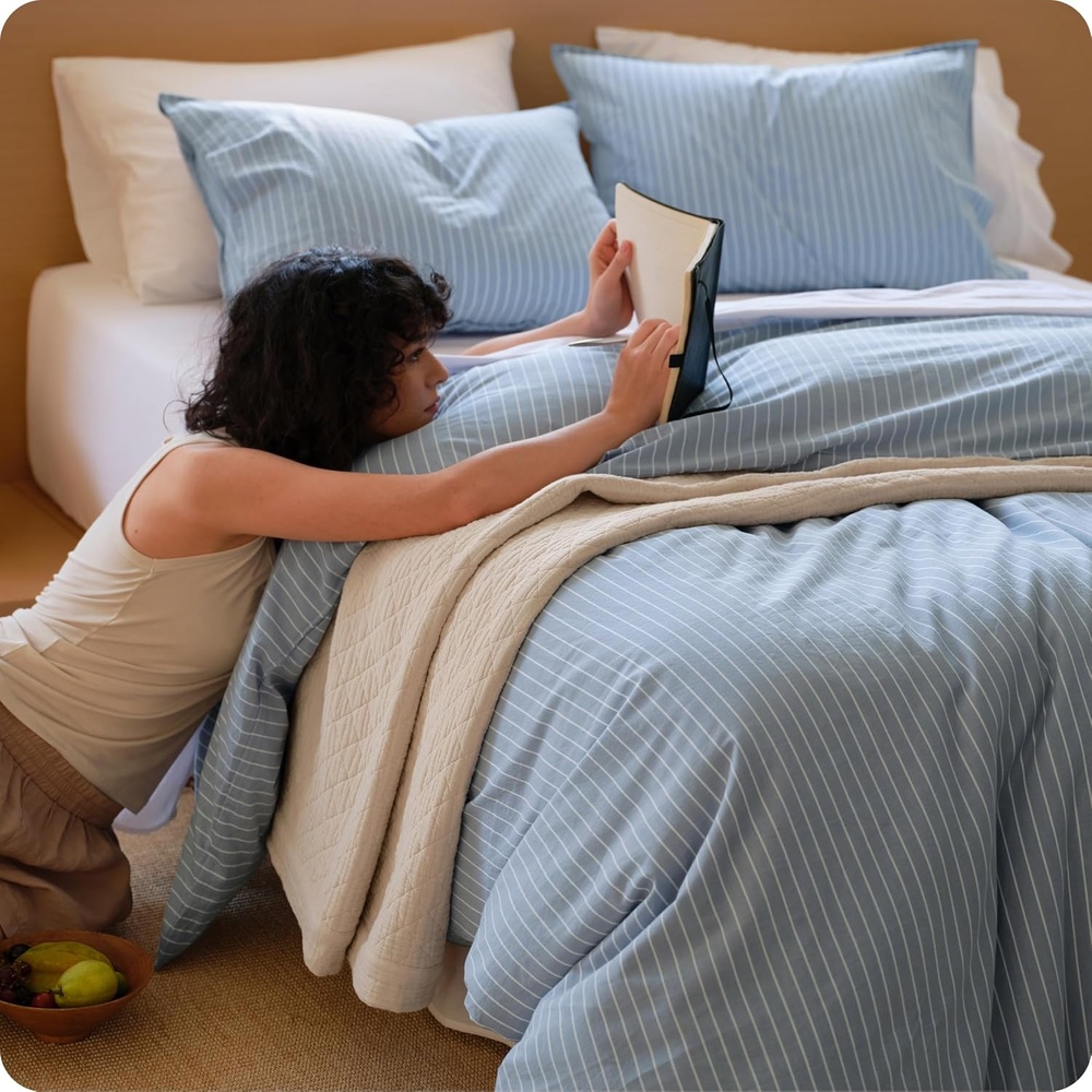 image:imageBedsure PureWoven Striped Duvet Cover Set LinenLike Queen Size 3PC  100 Washed Cotton Percale Bedding Set Reversible YarnDyed Design Zipper Closure Stripes  White 90 x 9004  Stripes  Cornflower Blue