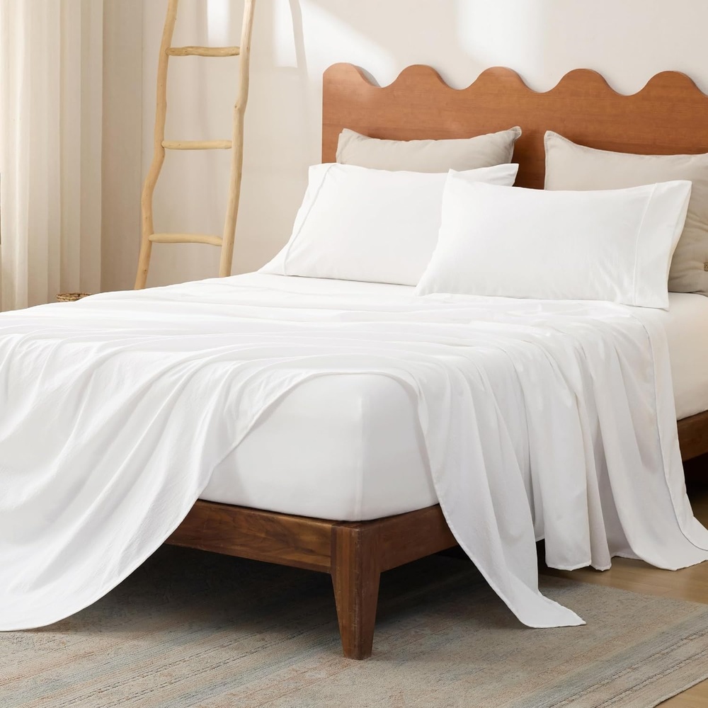 image:imageBedsure Striped Sheets Queen SizeImitation Cotton Fits Up to 16 Mattress Jacquard Dobby Striped Breathable Lightweight and Easy Care Bedsheet amp Pillowcases Gifts for KidsWomenMenDark BlueWhite