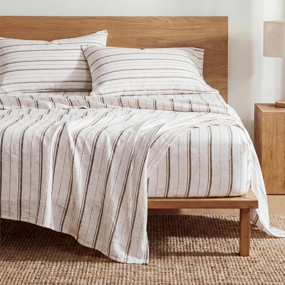 image:imageBedsure Striped Sheets Queen SizeImitation Cotton Fits Up to 16 Mattress Jacquard Dobby Striped Breathable Lightweight and Easy Care Bedsheet amp Pillowcases Gifts for KidsWomenMenDark BlueStriped Beige