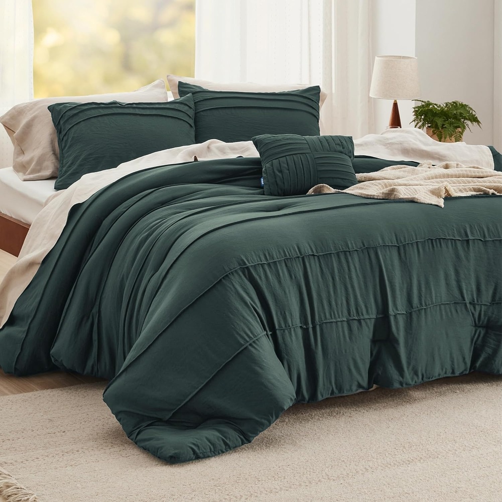 image:imageBedsure Twin XL Comforter Set Natural White Dorm Room Essentials Extra Long Twin XL Bedding Set All Season Down Alternative Comforter with Pillowcase amp Sham20 Emerald Green