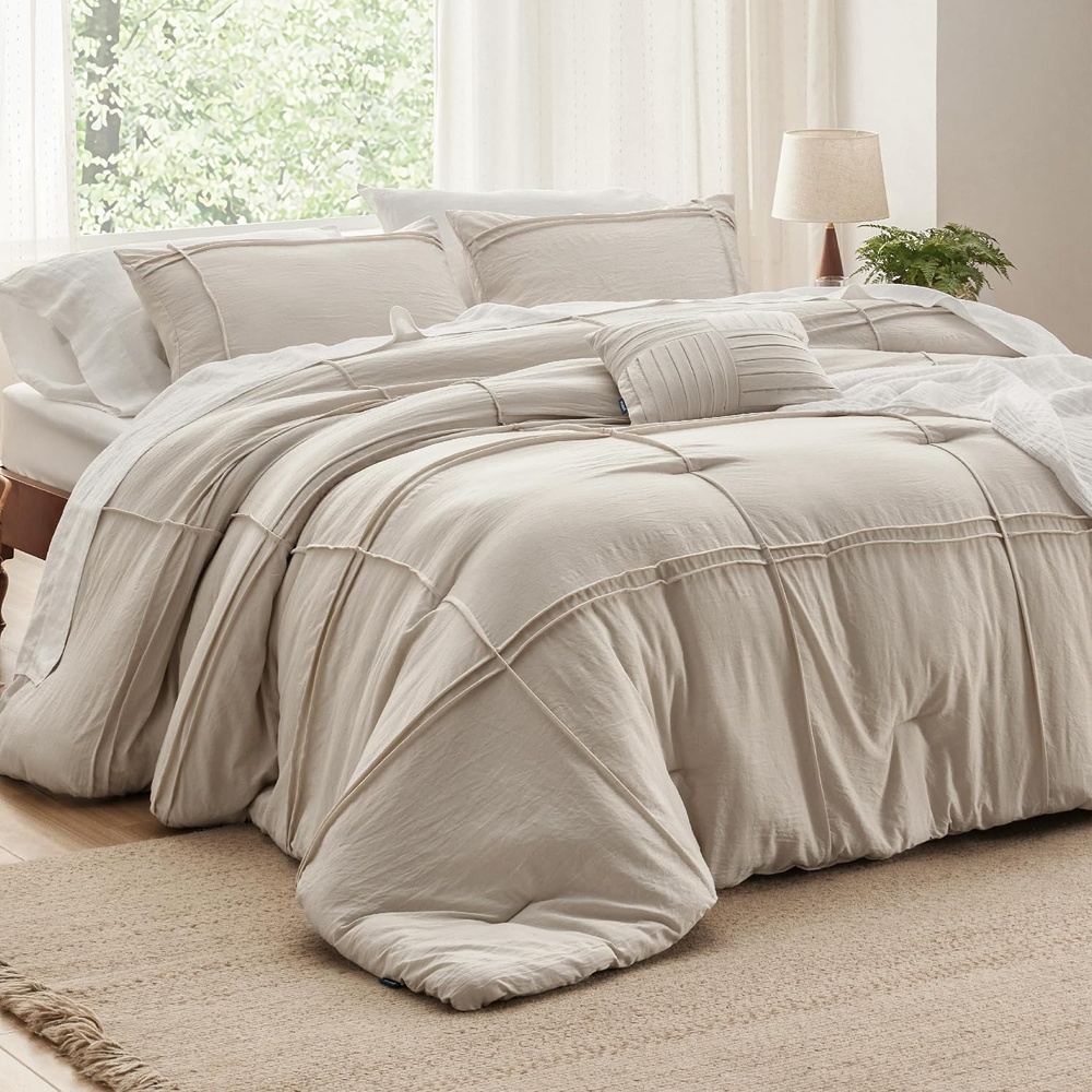 image:imageBedsure Twin XL Comforter Set Natural White Dorm Room Essentials Extra Long Twin XL Bedding Set All Season Down Alternative Comforter with Pillowcase amp Sham17 Grid