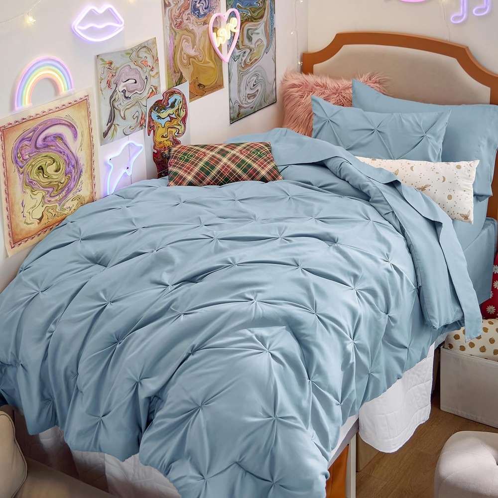 image:imageBedsure Twin XL Comforter Set Pink Dorm Room Essentials for Girls Extra Long Twin XL Bedding Set with Sheets All Season Down Alternative Comforter with Sheets Pillowcase amp Sham18 Light Blue
