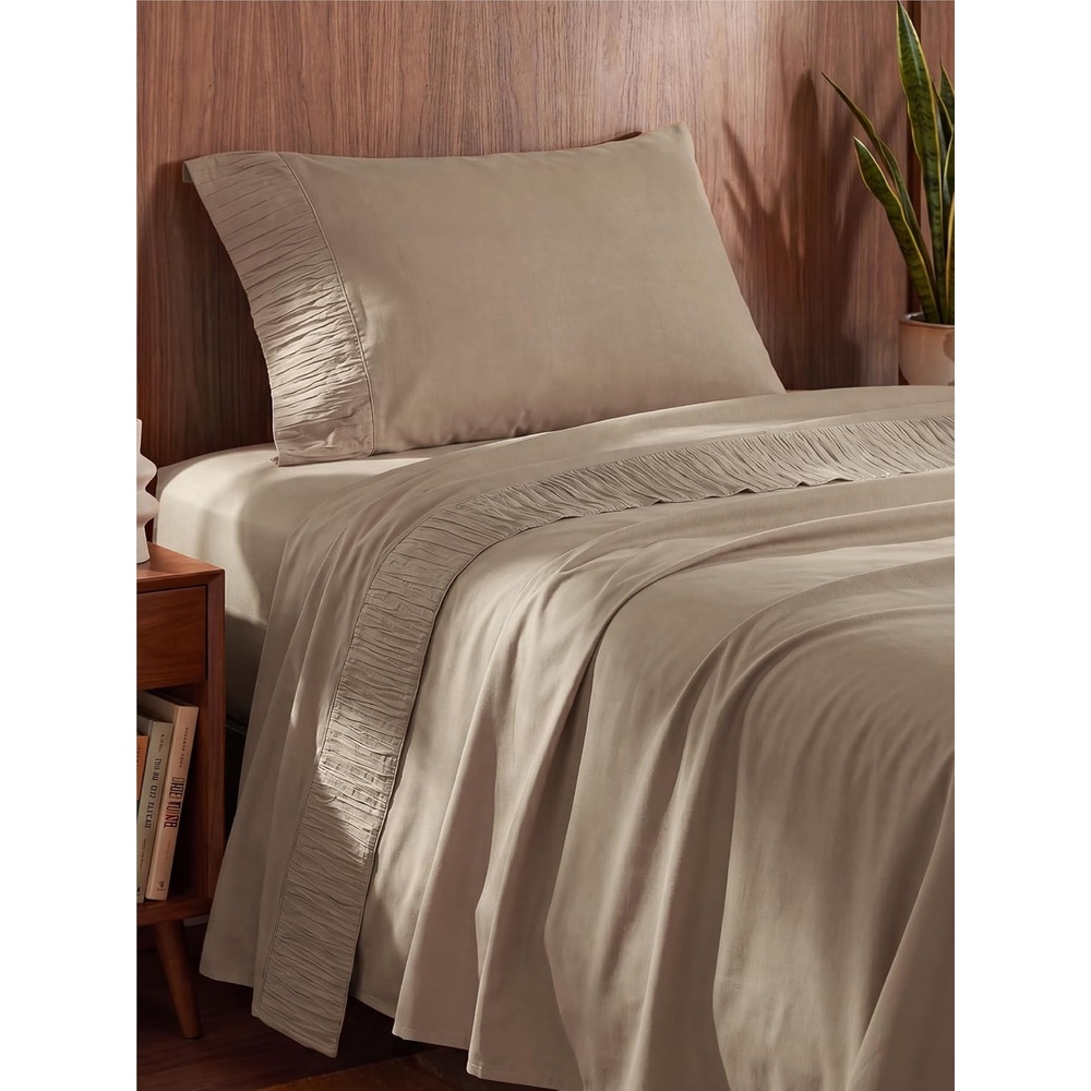 image:imageBedsure Twin XL Sheets Dorm Bedding 3 Pieces Soft Extra Long Twin Sheets Breathable Cooling Oeko Tex Deep Pocket Easy Care Resistant Sturdiness Lightweight College Dorm Bedding for Students15 Light Khaki