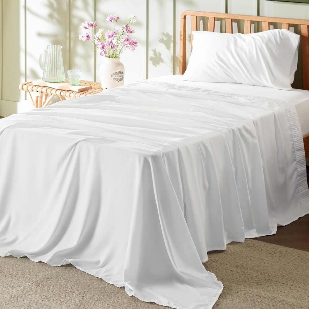 image:imageBedsure Twin XL Sheets Dorm Bedding 3 Pieces Soft Extra Long Twin Sheets Breathable Cooling Oeko Tex Deep Pocket Easy Care Resistant Sturdiness Lightweight College Dorm Bedding for StudentsWhite