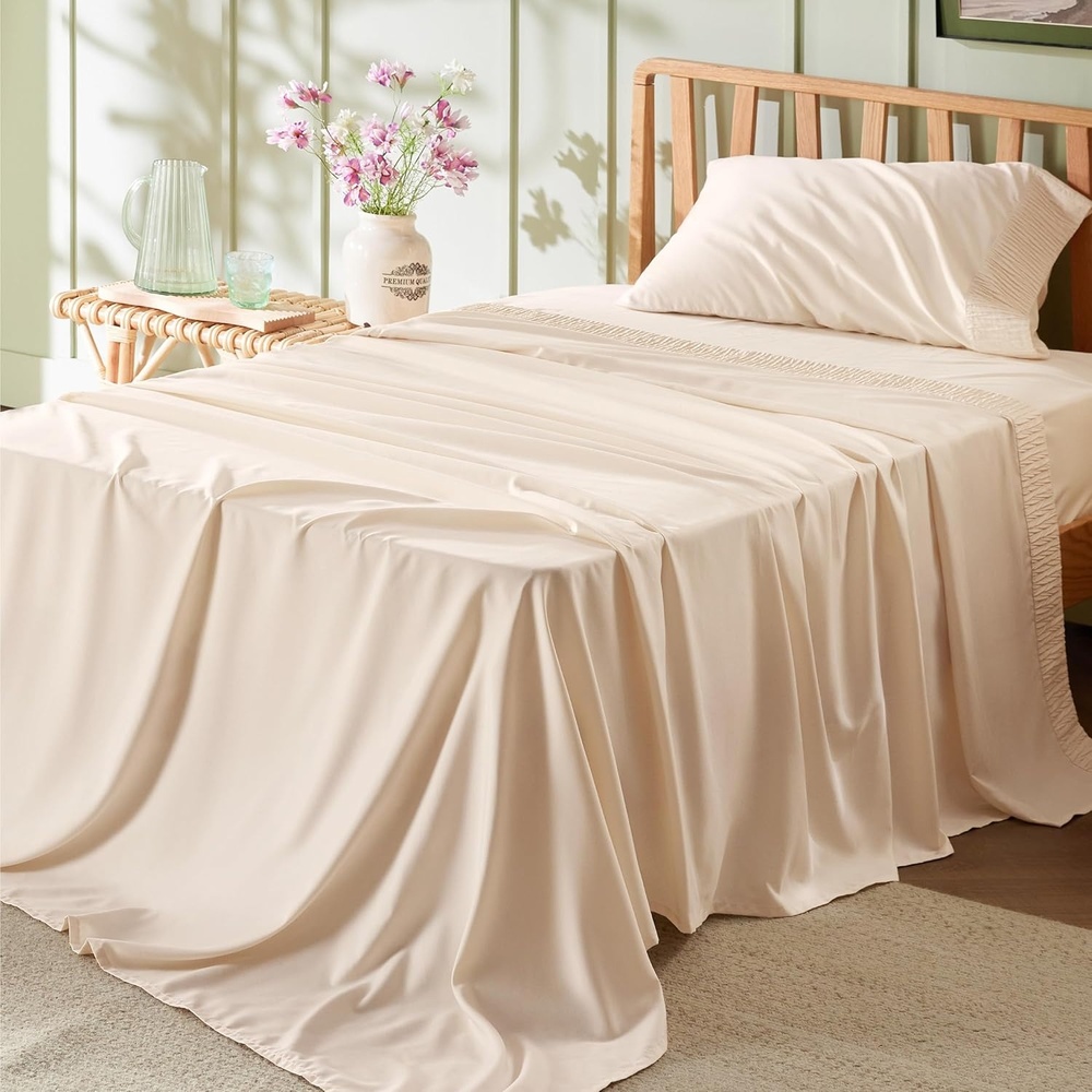 image:imageBedsure Twin XL Sheets Dorm Bedding 3 Pieces Soft Extra Long Twin Sheets Breathable Cooling Oeko Tex Deep Pocket Easy Care Resistant Sturdiness Lightweight College Dorm Bedding for Students08 Light Beige