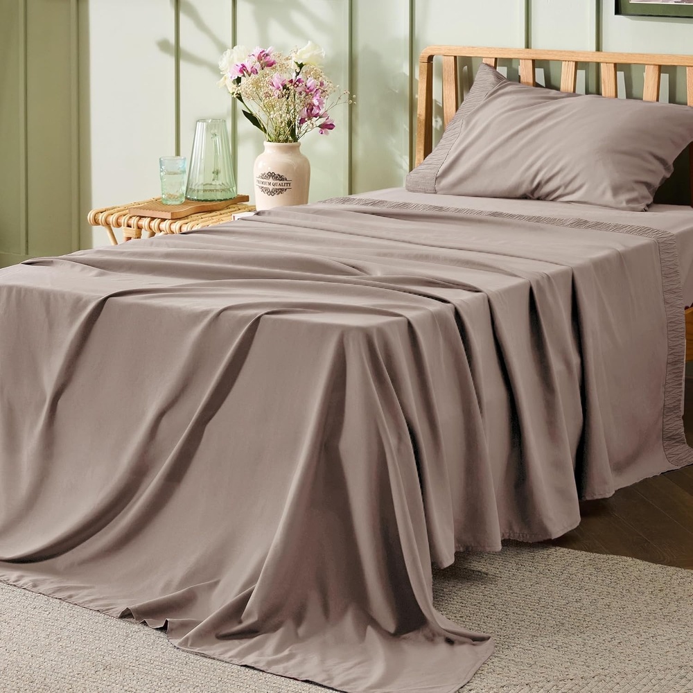 image:imageBedsure Twin XL Sheets Dorm Bedding 3 Pieces Soft Extra Long Twin Sheets Breathable Cooling Oeko Tex Deep Pocket Easy Care Resistant Sturdiness Lightweight College Dorm Bedding for Students24 Khaki