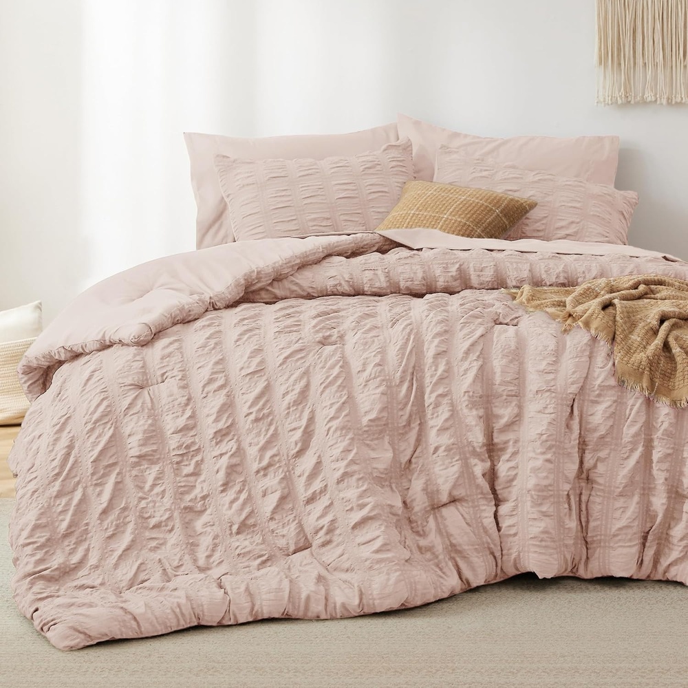 image:imageBedsure White Twin XL Comforter Sets 5 Piece Seersucker Twin XL Bed in a Bag Lightweight Soft White Comforter Set for College Dorm Comforters Sheets Pillowcases amp Shams03 Dusty Rose