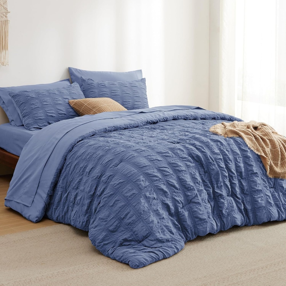 image:imageBedsure White Twin XL Comforter Sets 5 Piece Seersucker Twin XL Bed in a Bag Lightweight Soft White Comforter Set for College Dorm Comforters Sheets Pillowcases amp Shams07  Blue