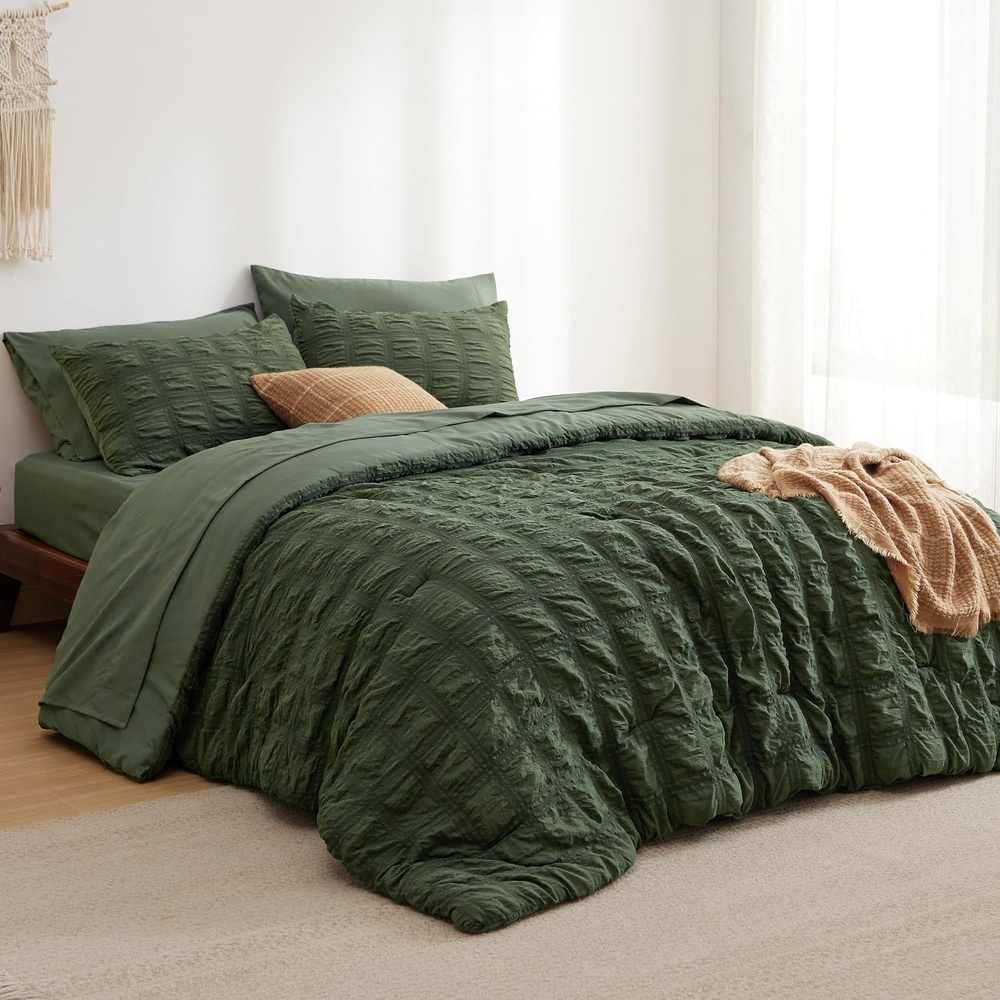 image:imageBedsure White Twin XL Comforter Sets 5 Piece Seersucker Twin XL Bed in a Bag Lightweight Soft White Comforter Set for College Dorm Comforters Sheets Pillowcases amp Shams06 Olive Green