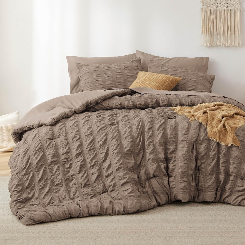 image:imageBedsure White Twin XL Comforter Sets 5 Piece Seersucker Twin XL Bed in a Bag Lightweight Soft White Comforter Set for College Dorm Comforters Sheets Pillowcases amp Shams04 Coffee Brown