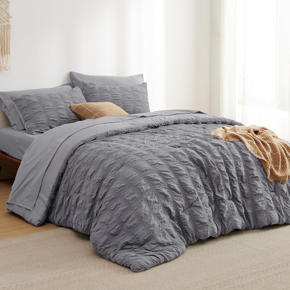 image:imageBedsure White Twin XL Comforter Sets 5 Piece Seersucker Twin XL Bed in a Bag Lightweight Soft White Comforter Set for College Dorm Comforters Sheets Pillowcases amp Shams05 Gery