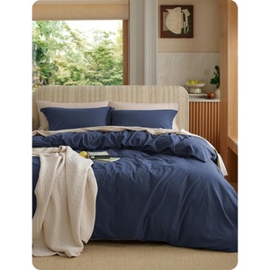 Bedsure PureWoven 100% Washed Cotton Duvet Cover Set, Queen Size, 3-PC | Linen Like Texture, Percale Breathable Bedding Set for All Seasons, Zipper Closure, 8 Corner Ties, Natural White, 90″ X 90″(15 – Navy (No Comforter))