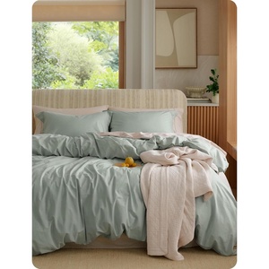Bedsure PureWoven 100% Washed Cotton Duvet Cover Set, Queen Size, 3-PC | Linen Like Texture, Percale Breathable Bedding Set for All Seasons, Zipper Closure, 8 Corner Ties, Natural White, 90″ X 90″(09 – Sage Green (No Comforter))