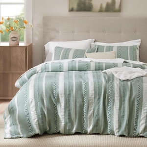 Bedsure PureWoven 3 Pieces 100% Cotton Waffle Duvet Cover Set, Queen, White | Waffle Weave Texture, Soft, Skin-Friendly, Breathable, All-Season, Machine Washable, Home Decor Gift, Good Housekeeping Seal(19 – Strip Green (No Comforter))