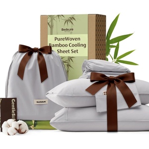 Bedsure PureWoven Bamboo Viscose Cooling Sheets Queen, 4 PCS | Rayon Cotton Serene Blend, Breathable & Buttery Soft, Deep Pocket Up to 18″, Hotel Luxury Bedding for Hot Sleepers, White(Grey)
