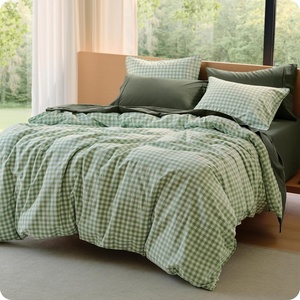 Bedsure PureWoven Striped Duvet Cover Set Linen‑Like, Queen Size, 3-PC | 100% Washed Cotton Percale Bedding Set, Reversible Yarn‑Dyed Design, Zipper Closure, Stripes – White, 90″ x 90″(10 – Gingham – Willow Green)
