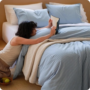 Bedsure PureWoven Striped Duvet Cover Set Linen‑Like, Queen Size, 3-PC | 100% Washed Cotton Percale Bedding Set, Reversible Yarn‑Dyed Design, Zipper Closure, Stripes – White, 90″ x 90″(04 – Stripes – Cornflower Blue)