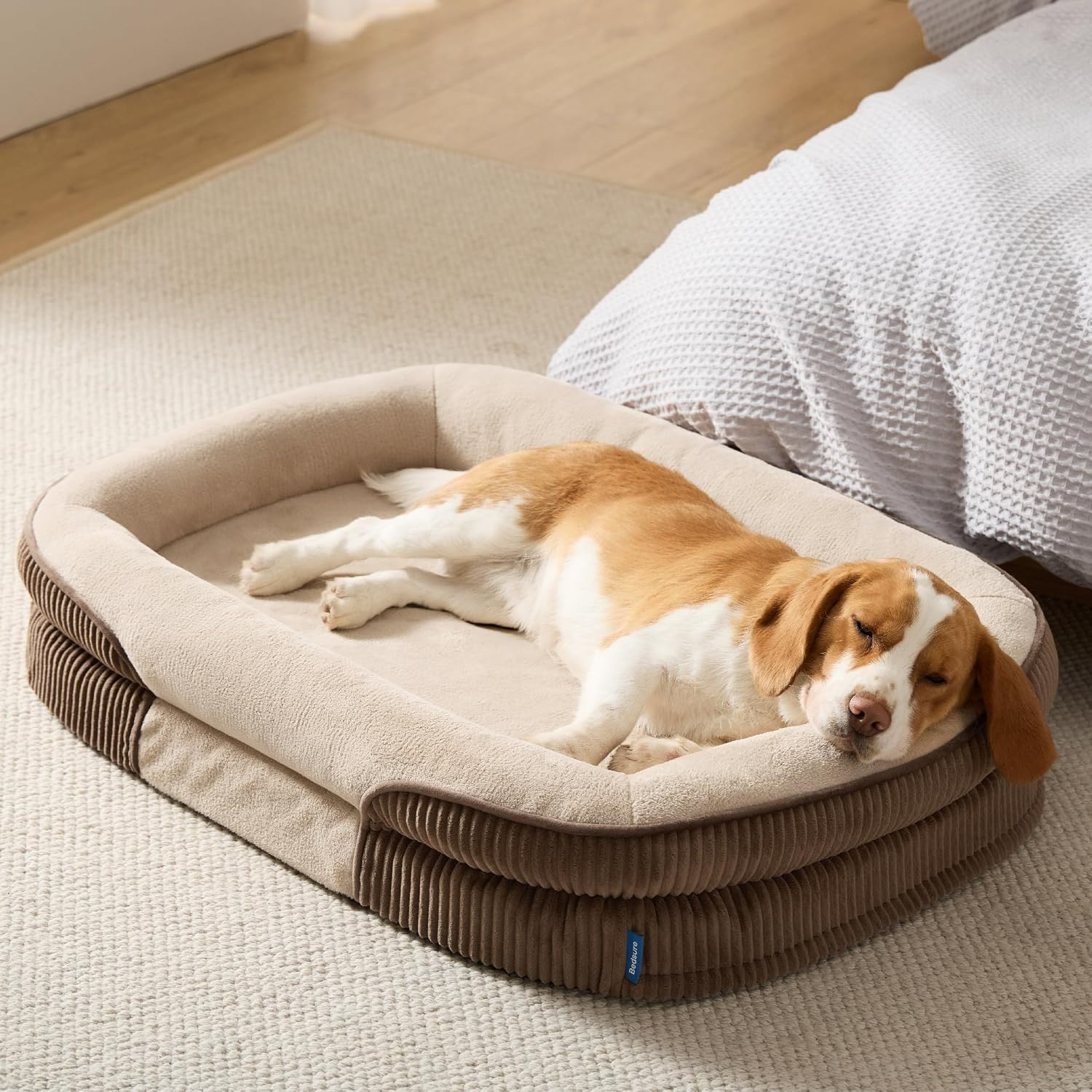 image:imageBedsure 360Oval Bolster Orthopedic Dog Bed Medium Size Dog30 Blue EggCrate Foam for Senior Dogs Big Comfort Pet Sofa Couch with UltraSoft Fleece Waterproof Washable CoverWalnut