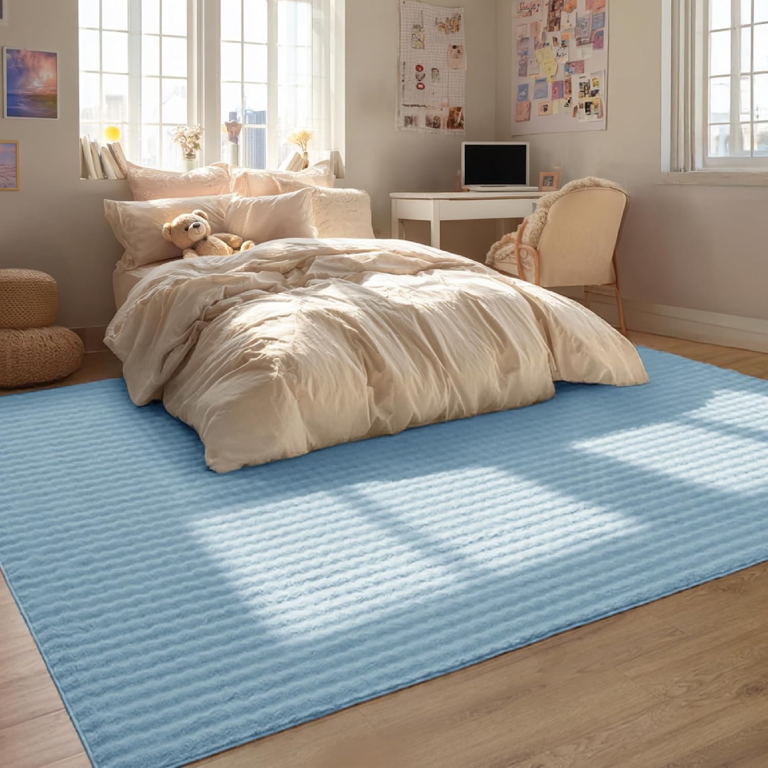 image:imageBedsure 8x10 Printed JuteLook Living Room Rug Machine Washable NonSlip Soft Faux Cashmere Feel Realistic JuteLook Print NonShedding LowPile 4 Grip Pads Included Pet amp Kids Friendly05 Blue