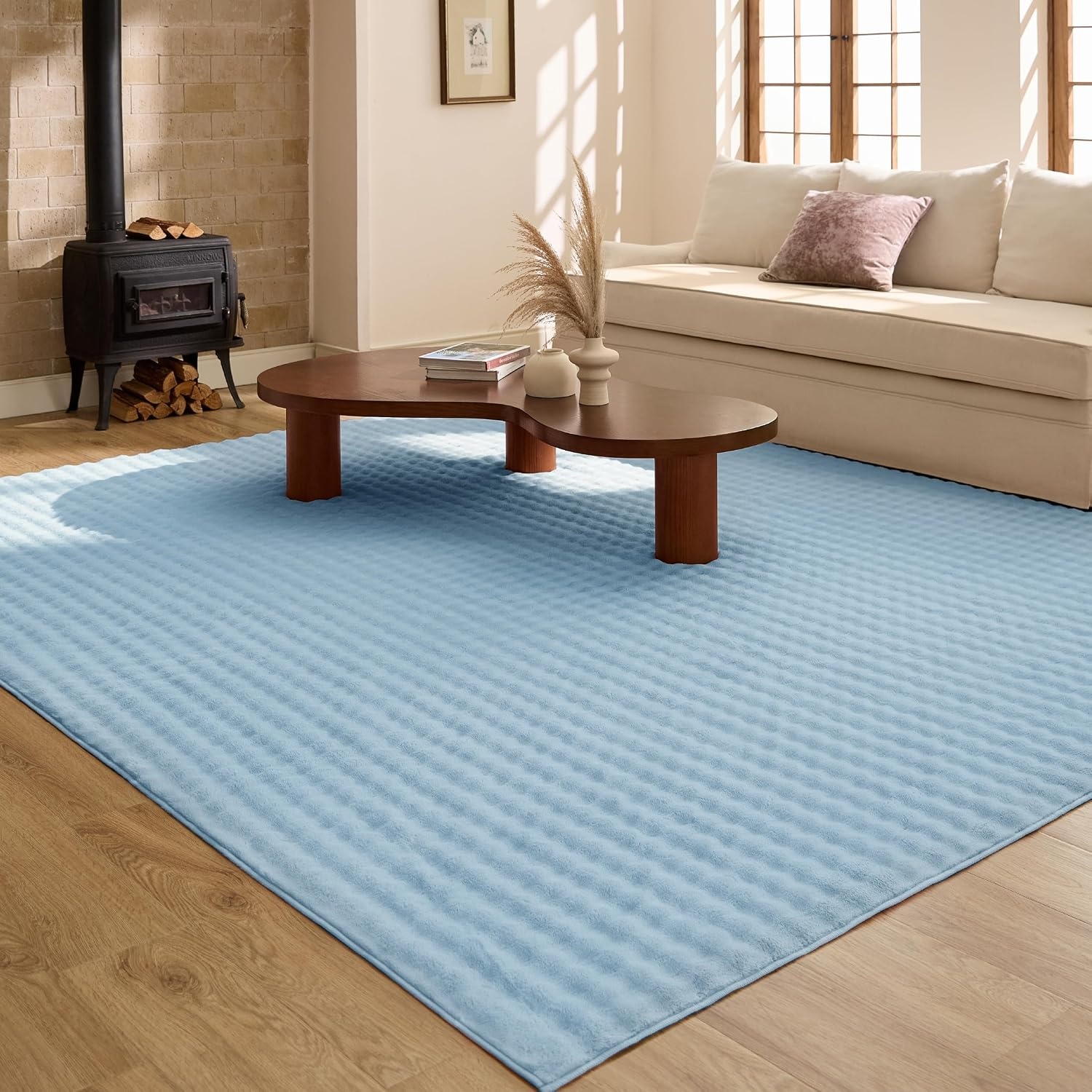 image:imageBedsure 8x10 Printed JuteLook Living Room Rug Machine Washable NonSlip Soft Faux Cashmere Feel Realistic JuteLook Print NonShedding LowPile 4 Grip Pads Included Pet amp Kids Friendly05 Blue