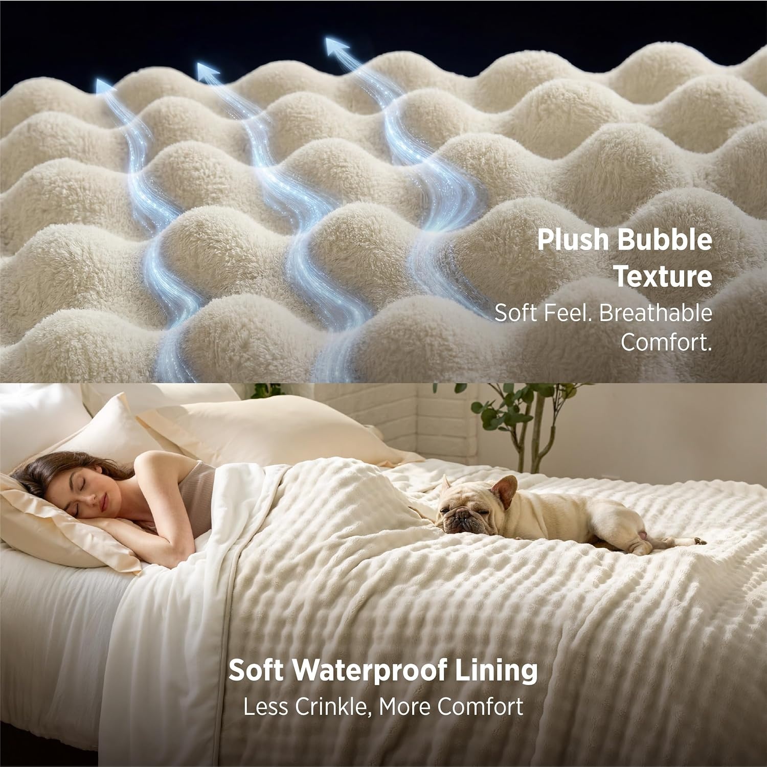 image:imageBedsure Bubble Waterproof Blanket for Bed Soft Fleece Reversible Dog Blankets for Large Dogs Waterproof Couch Sofa Cover Bed Protector PinkBeige Queen 90x90 inchesBeigeWhite