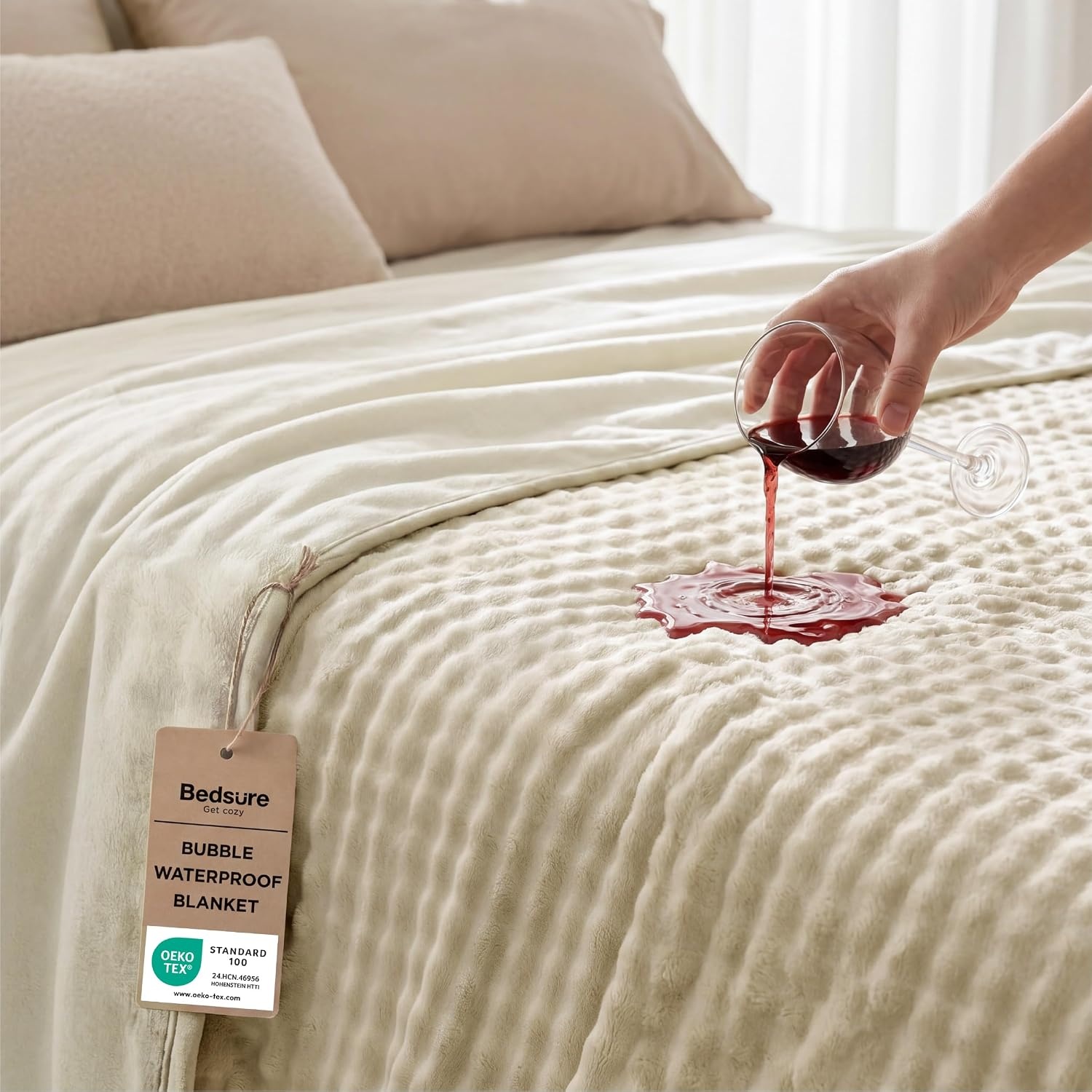 image:imageBedsure Bubble Waterproof Blanket for Bed Soft Fleece Reversible Dog Blankets for Large Dogs Waterproof Couch Sofa Cover Bed Protector PinkBeige Queen 90x90 inchesBeigeWhite