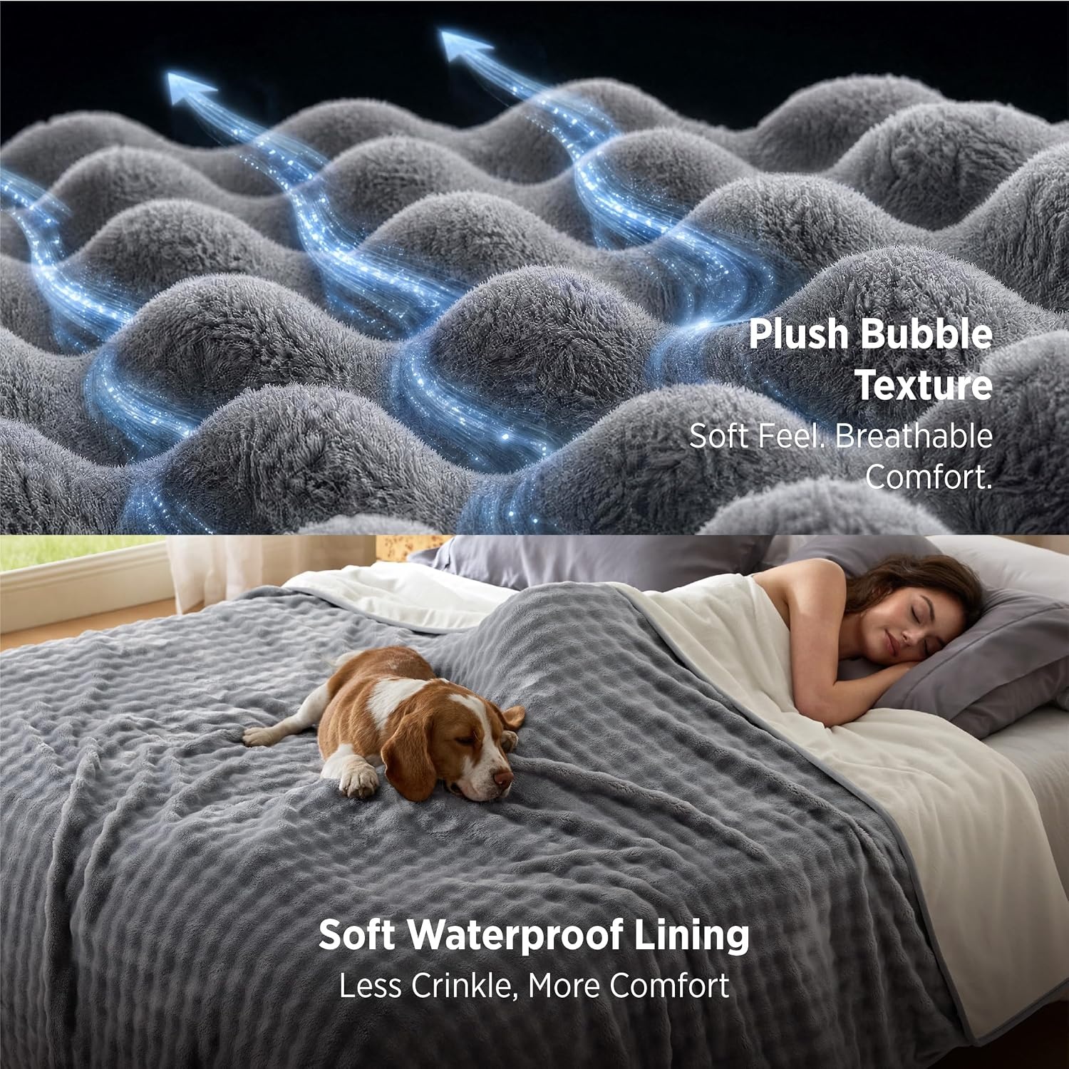 image:imageBedsure Bubble Waterproof Blanket for Bed Soft Fleece Reversible Dog Blankets for Large Dogs Waterproof Couch Sofa Cover Bed Protector PinkBeige Queen 90x90 inchesGreyWhite