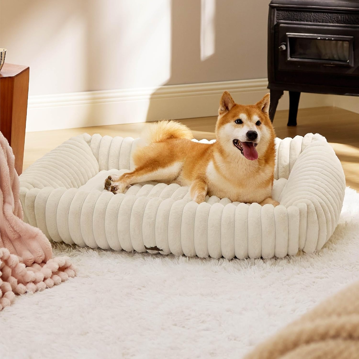 image:imageBedsure ComfyFleece Cute Dog Bed for Small Medium Dogs Washable25in Cream Furry Puppy BedsSquare Rectangle Orthopedic Corduroy Aesthetic Pet BedsRemovable Zipper CoverNonSlip BottomUp to 15 LbsCream