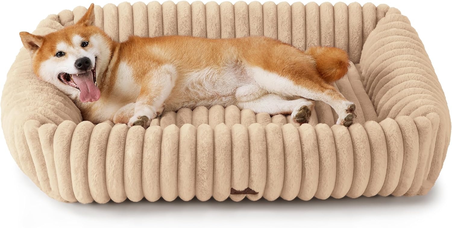 image:imageBedsure ComfyFleece Cute Dog Bed for Small Medium Dogs Washable25in Cream Furry Puppy BedsSquare Rectangle Orthopedic Corduroy Aesthetic Pet BedsRemovable Zipper CoverNonSlip BottomUp to 15 LbsSandy Beige