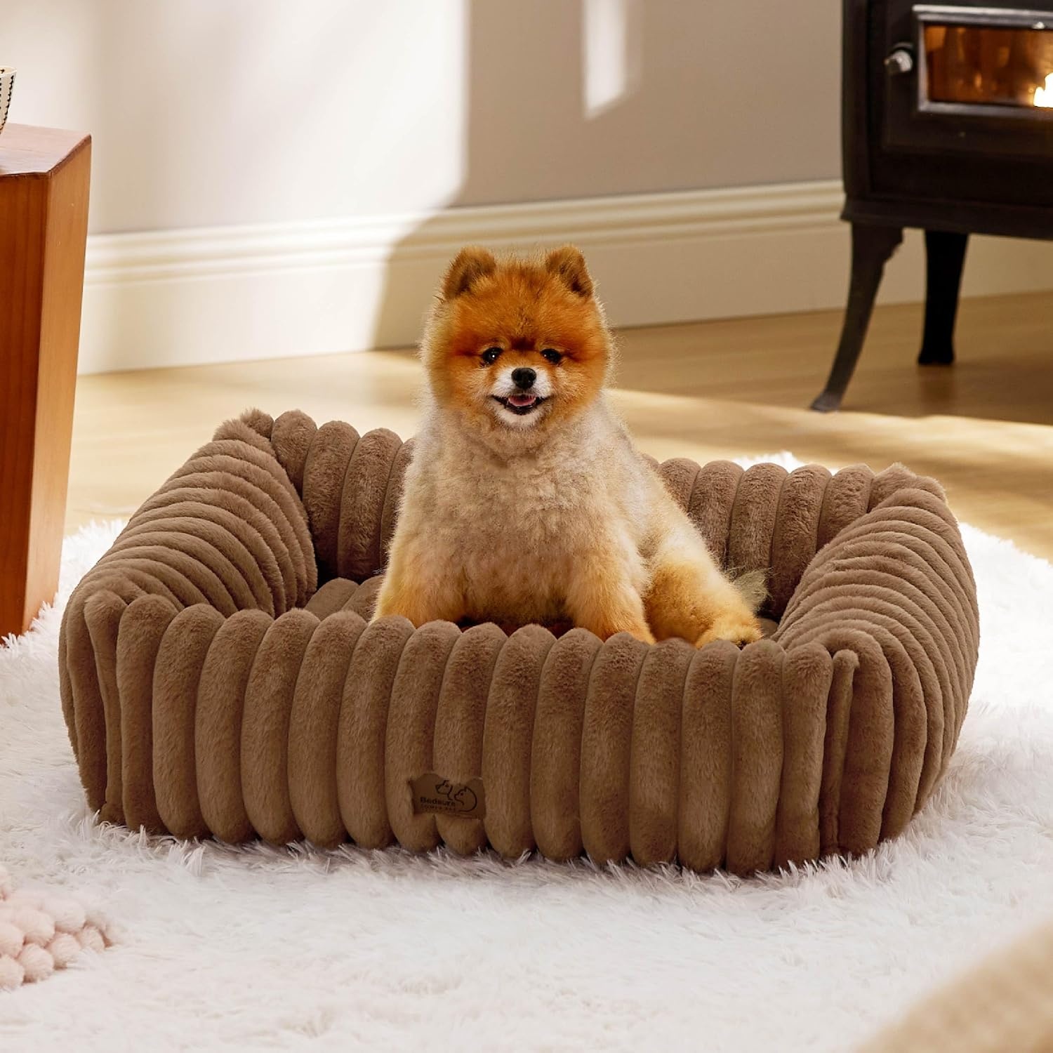 image:imageBedsure ComfyFleece Cute Dog Bed for Small Medium Dogs Washable25in Cream Furry Puppy BedsSquare Rectangle Orthopedic Corduroy Aesthetic Pet BedsRemovable Zipper CoverNonSlip BottomUp to 15 LbsCamel Brown