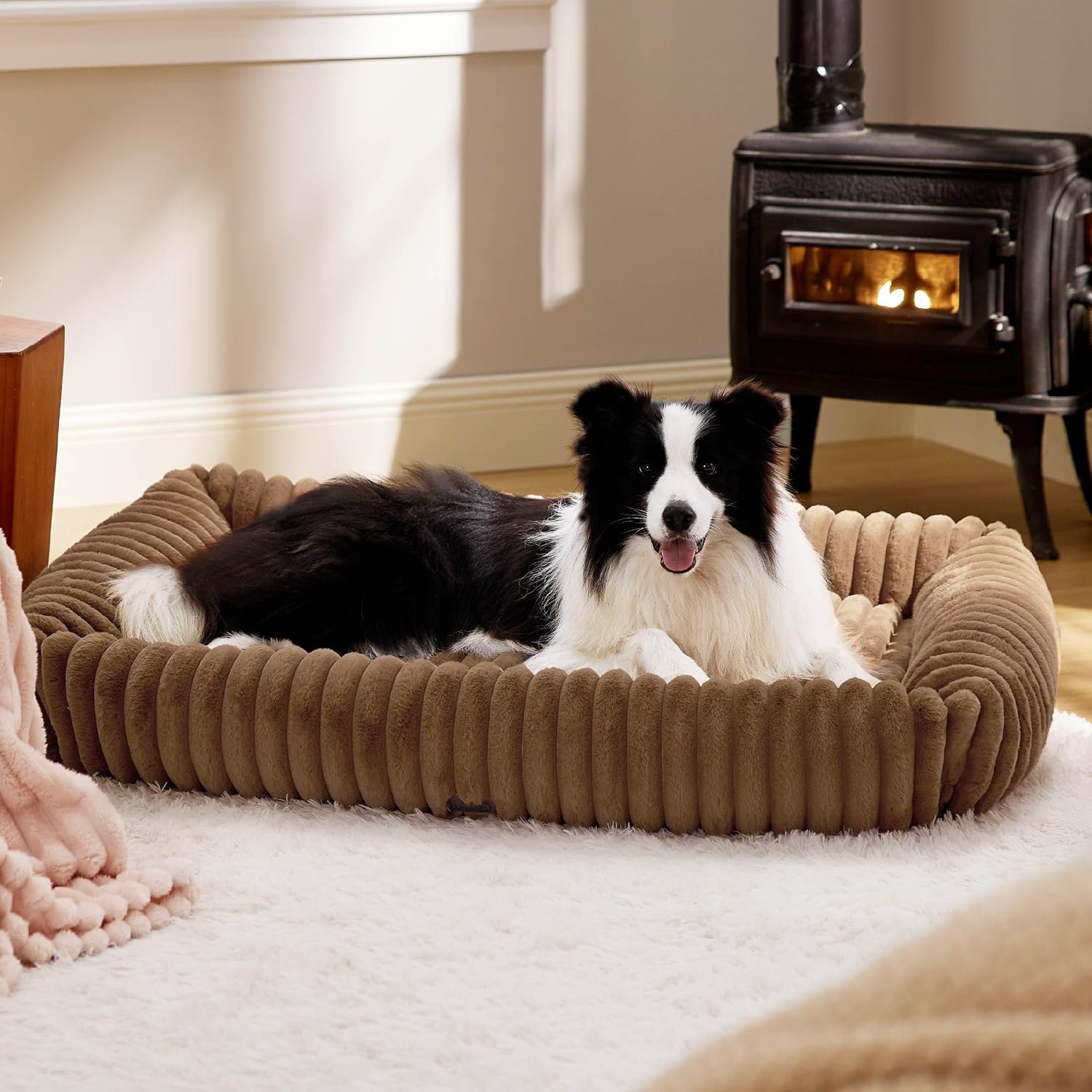 image:imageBedsure ComfyFleece Cute Dog Bed for Small Medium Dogs Washable25in Cream Furry Puppy BedsSquare Rectangle Orthopedic Corduroy Aesthetic Pet BedsRemovable Zipper CoverNonSlip BottomUp to 15 LbsCamel Brown