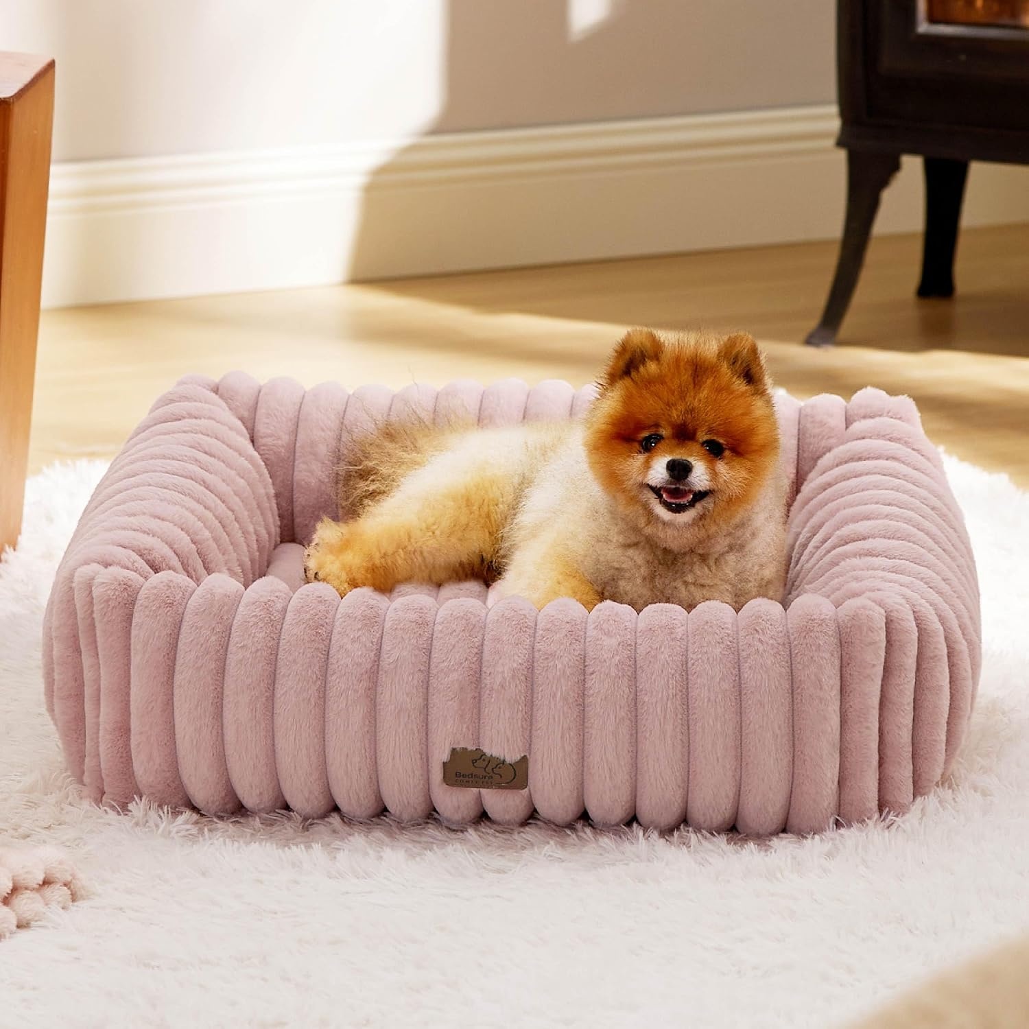 image:imageBedsure ComfyFleece Cute Dog Bed for Small Medium Dogs Washable25in Cream Furry Puppy BedsSquare Rectangle Orthopedic Corduroy Aesthetic Pet BedsRemovable Zipper CoverNonSlip BottomUp to 15 LbsBlush Pink