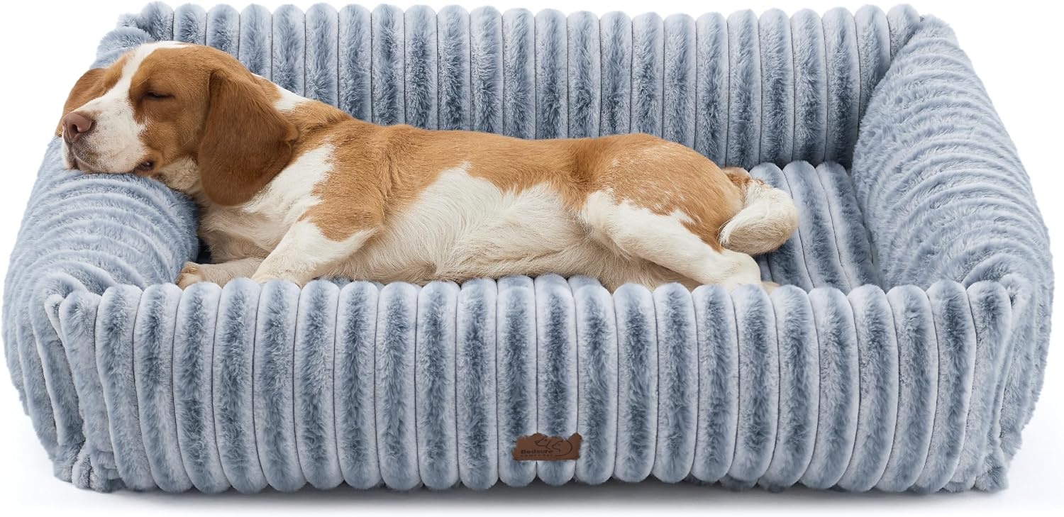 image:imageBedsure ComfyFleece Cute Dog Bed for Small Medium Dogs Washable25in Cream Furry Puppy BedsSquare Rectangle Orthopedic Corduroy Aesthetic Pet BedsRemovable Zipper CoverNonSlip BottomUp to 15 LbsBlue Indigo