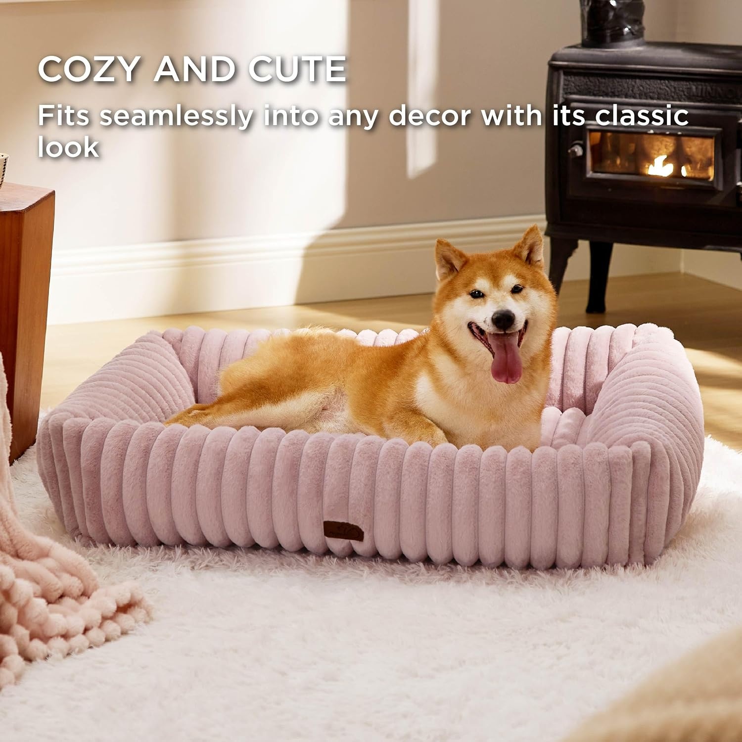 image:imageBedsure ComfyFleece Cute Dog Bed for Small Medium Dogs Washable25in Cream Furry Puppy BedsSquare Rectangle Orthopedic Corduroy Aesthetic Pet BedsRemovable Zipper CoverNonSlip BottomUp to 15 LbsBlush Pink
