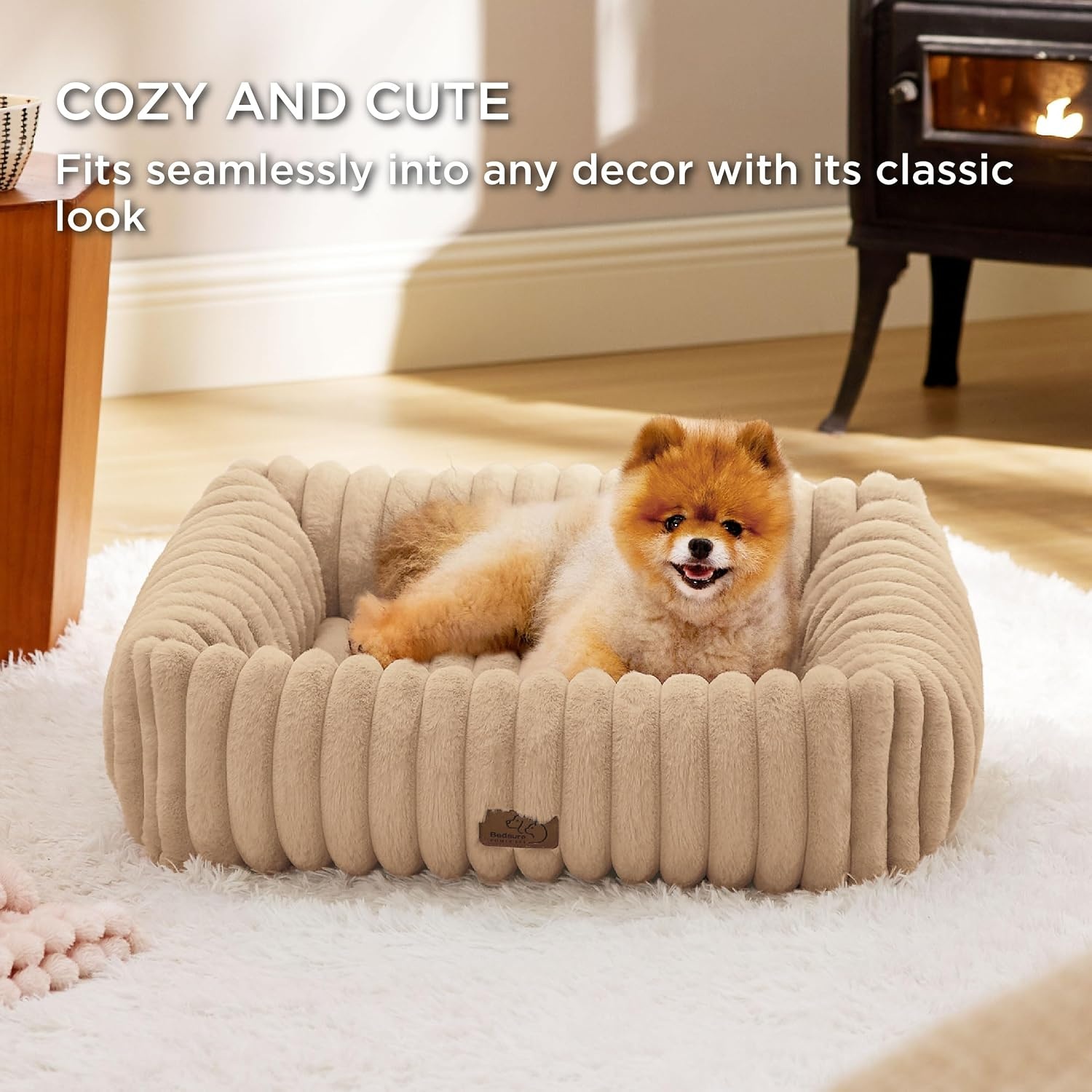 image:imageBedsure ComfyFleece Cute Dog Bed for Small Medium Dogs Washable25in Cream Furry Puppy BedsSquare Rectangle Orthopedic Corduroy Aesthetic Pet BedsRemovable Zipper CoverNonSlip BottomUp to 15 LbsSandy Beige