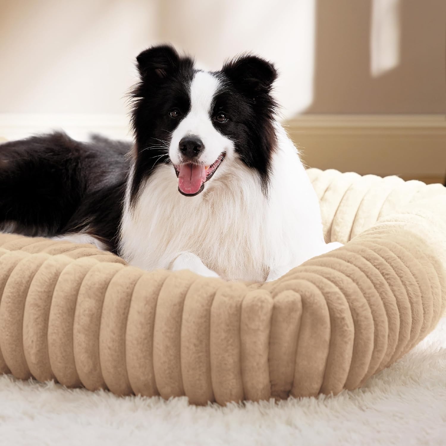 image:imageBedsure ComfyFleece Cute Dog Bed for Small Medium Dogs Washable25in Cream Furry Puppy BedsSquare Rectangle Orthopedic Corduroy Aesthetic Pet BedsRemovable Zipper CoverNonSlip BottomUp to 15 LbsSandy Beige