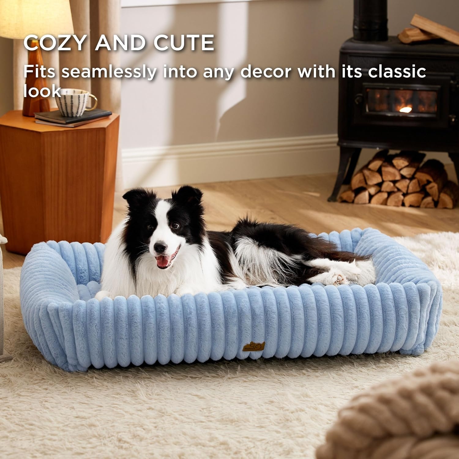 image:imageBedsure ComfyFleece Cute Dog Bed for Small Medium Dogs Washable25in Cream Furry Puppy BedsSquare Rectangle Orthopedic Corduroy Aesthetic Pet BedsRemovable Zipper CoverNonSlip BottomUp to 15 LbsBlue