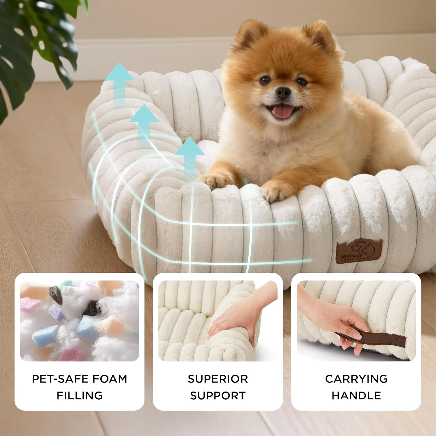 image:imageBedsure ComfyFleece Cute Dog Bed for Small Medium Dogs Washable25in Cream Furry Puppy BedsSquare Rectangle Orthopedic Corduroy Aesthetic Pet BedsRemovable Zipper CoverNonSlip BottomUp to 15 LbsNight Blue