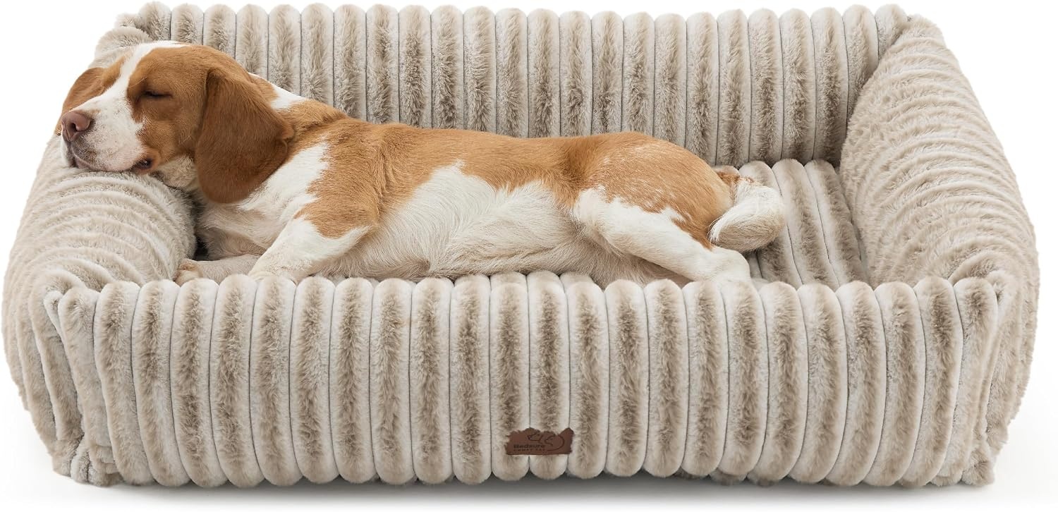 image:imageBedsure ComfyFleece Cute Dog Bed for Small Medium Dogs Washable25in Cream Furry Puppy BedsSquare Rectangle Orthopedic Corduroy Aesthetic Pet BedsRemovable Zipper CoverNonSlip BottomUp to 15 LbsAmphora