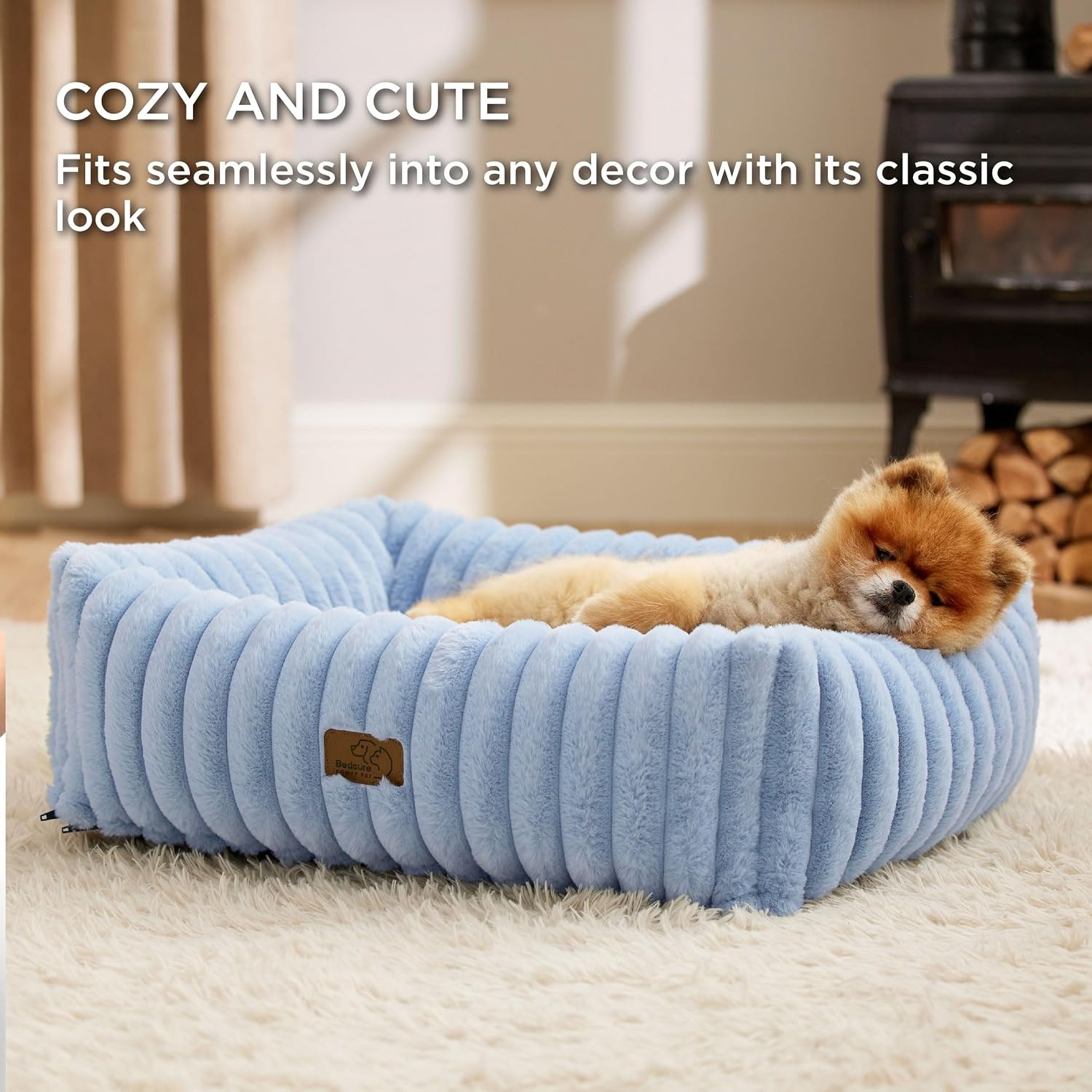 image:imageBedsure ComfyFleece Cute Dog Bed for Small Medium Dogs Washable25in Cream Furry Puppy BedsSquare Rectangle Orthopedic Corduroy Aesthetic Pet BedsRemovable Zipper CoverNonSlip BottomUp to 15 LbsBlue